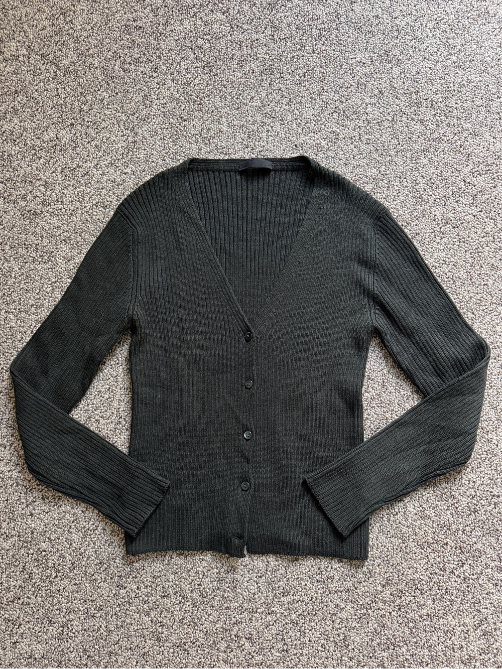 Prada Italy 100% Wool Dark Olive Green Ribbed Cardigan Sweater 46